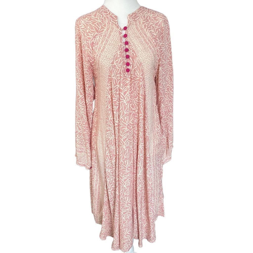 Natalie Martin Pink and White Printed Midi Dress with Fuchsia Buttons